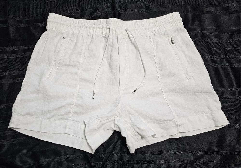 Athleta Retreat White Linen Shorts Mid Rise 4" Drawstring Zipper Pocket Sz 14